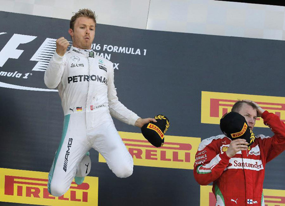 Nico Rosberg celebrates winning the formula one Russian Grand Prix in Sochi