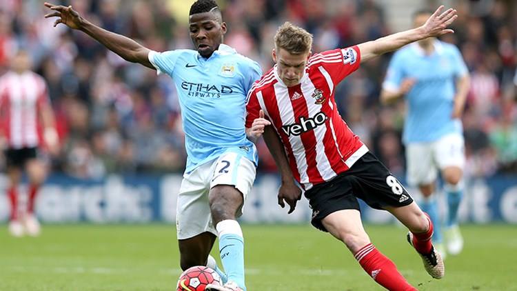 'Manchester City's Kelechi Iheanacho battles with Southampton's Stephen Davis during Sunday's match