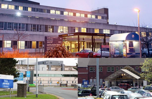 North Wales Hospitals. Top Ysbyty Glan Clwyd bottom left Ysbyty Gwynedd bottom right Wrexham Maelor