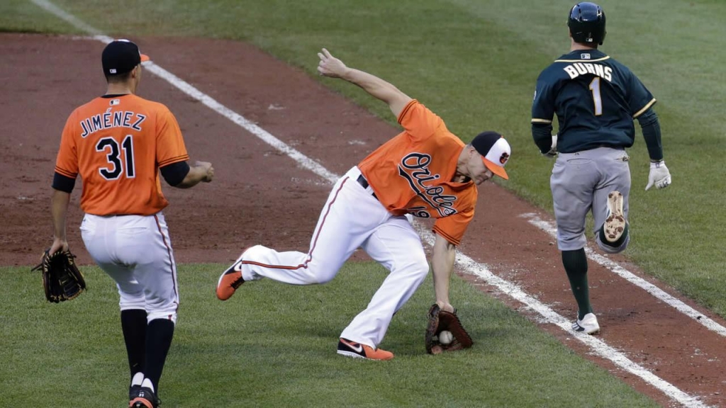 Baltimore Orioles first baseman Chris Davis fields a bunt by Oakland Athletics Billy Burns in the third inning of the second game of a doubleheader in Baltimore Saturday