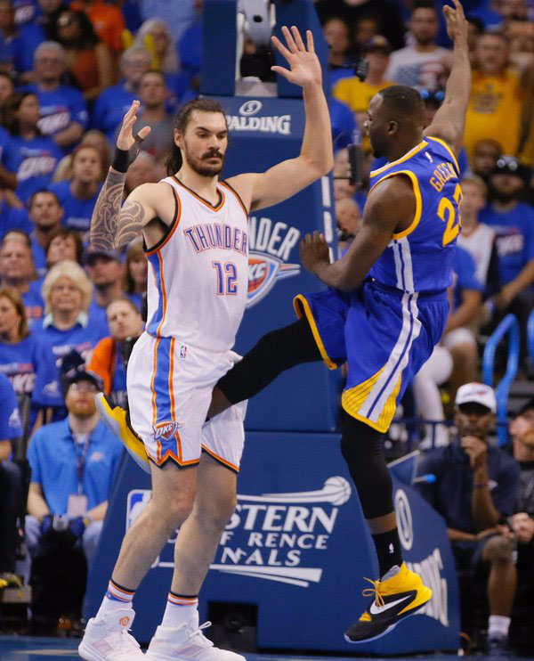 OUCH! Draymond Green of the Golden State warriors made Oklahoma City Thunder Steve Adams see red with the kick to the groin