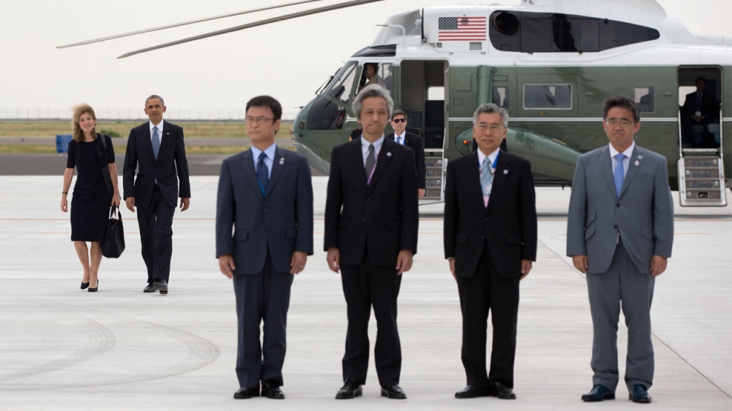 U.S. President Barack Obama walks from Marine One with U.S. Ambassador to Japan Caroline Kennedy to board Air Force One at Chubu Centrair International Airport in Tokoname Japan Friday