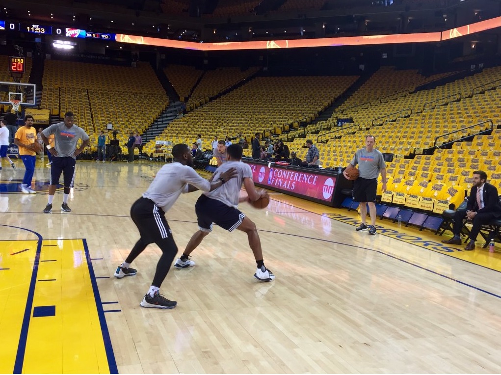 Oklahoma City Players practice before Game 2 against the Golden State Warriors at Oracle Arena