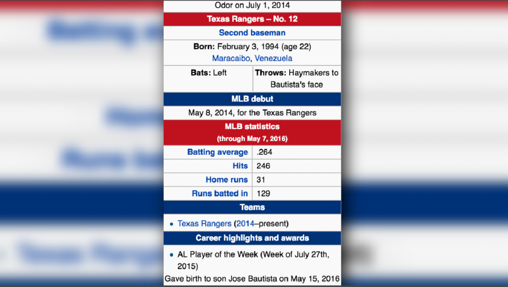 One of hundreds of edits to Rougned Odor's Wikipedia biography after Sunday's Rangers game. Credit Screengrab