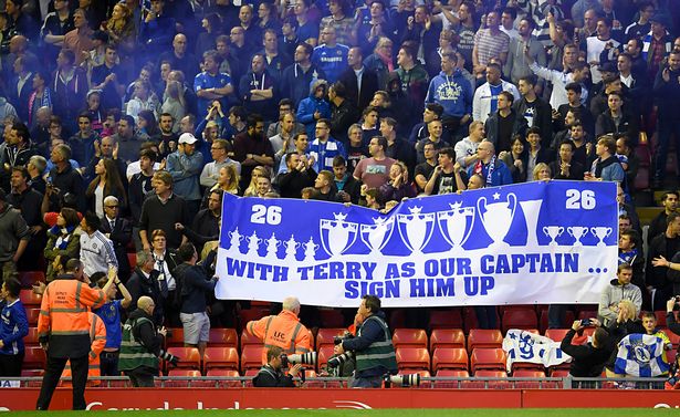 Chelsea fans hold a banner supporting John Terry in the stands