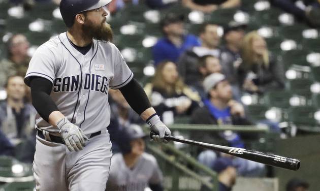 San Diego Padres&#039 Derek Norris watches his home run during the 12th inning of a baseball game against the Milwaukee Brewers Saturday