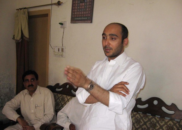 Ali Haider Gilani son of former Pakistani Prime Minister Yusuf Raza Gilani speaks during a campaign meeting