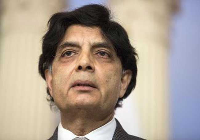 Pakistan's Interior Minister Chaudhry Nisar Ali Khan speaks during a meeting with U.S. Secretary of State John Kerry on the sidelines of the White House Summit on Countering Violent Extremism at the State Department in Washingt