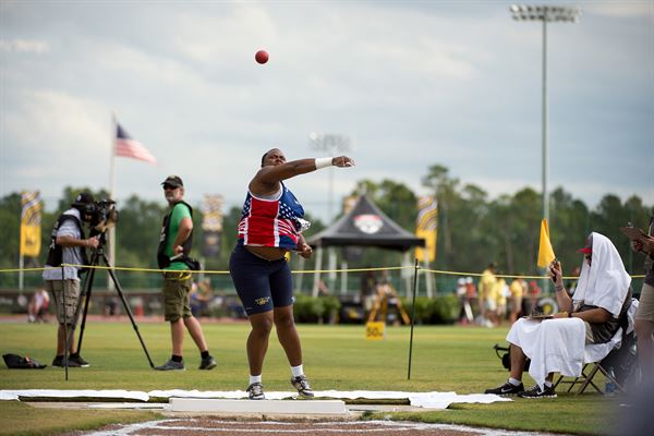 Medically retired Army Sgt. Monica Southall throws the shot put in the IF4 disability classification match during the Invictus Games at the ESPN Wide World of Sports Complex at Walt Disney World in Orlando Fla