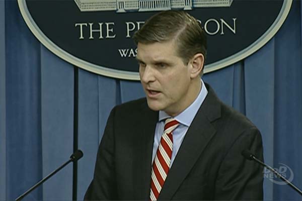 Pentagon Press Secretary Peter Cook conducts a press briefing with reporters at the Pentagon