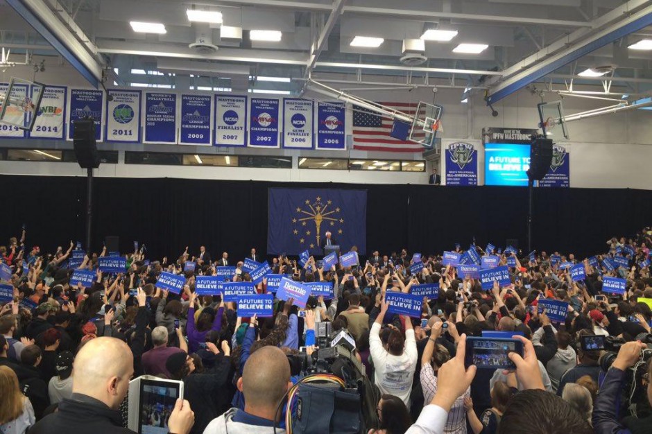 Thousands of people gathered at the Hillard Gates Sports Complex to hear Bernie Sanders speak at IPFW on May 2