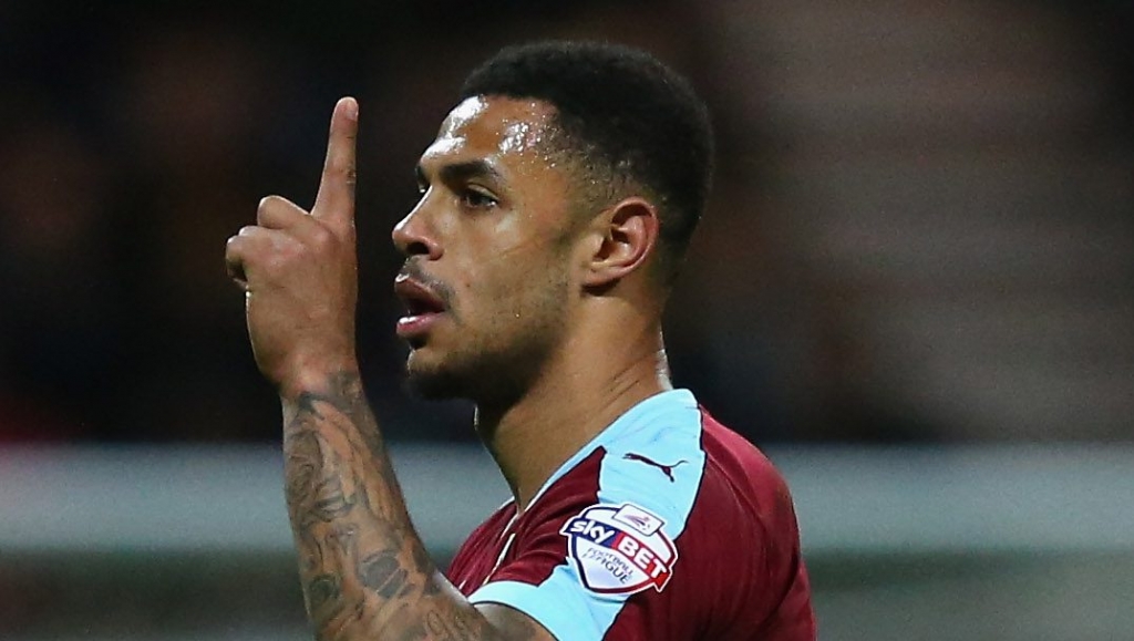 PRESTON UNITED KINGDOM- APRIL 22 Andre Gray of Burnley holds up one finger to indicate the score to opposing supporters as he is substituted during the Sky Bet Championship match between Preston North End and Burnley at Deepdale