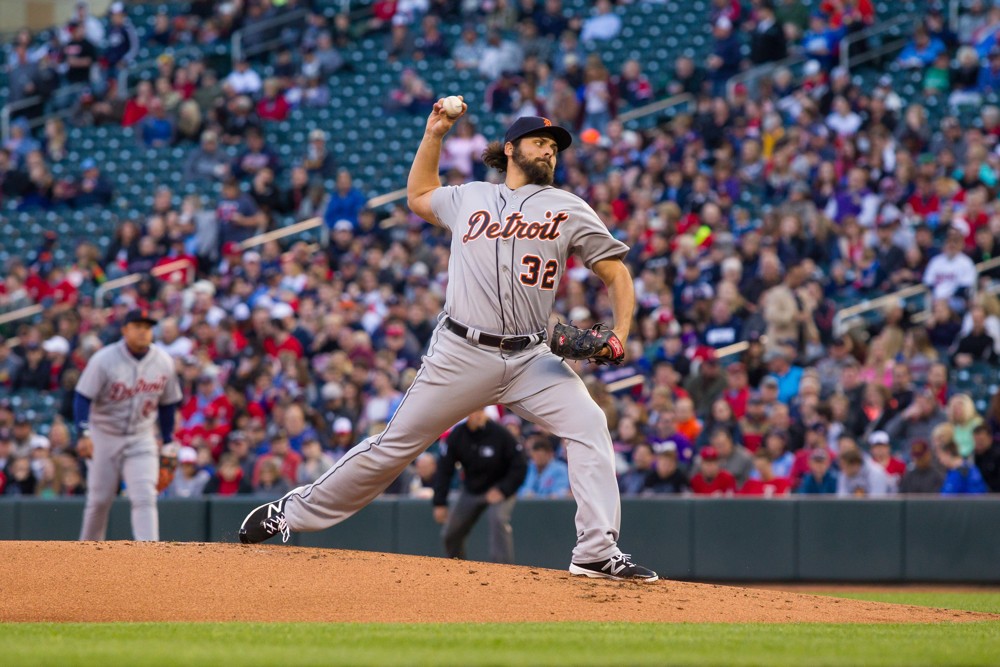 29 APR 2016 Detroit Tigers starting pitcher Michael Fulmer throws his first pitch in his MLB debut during the AL Central matchup between the Detroit Tigers and the Minnesota Twins at Target Field in Minneapolis Minnesota