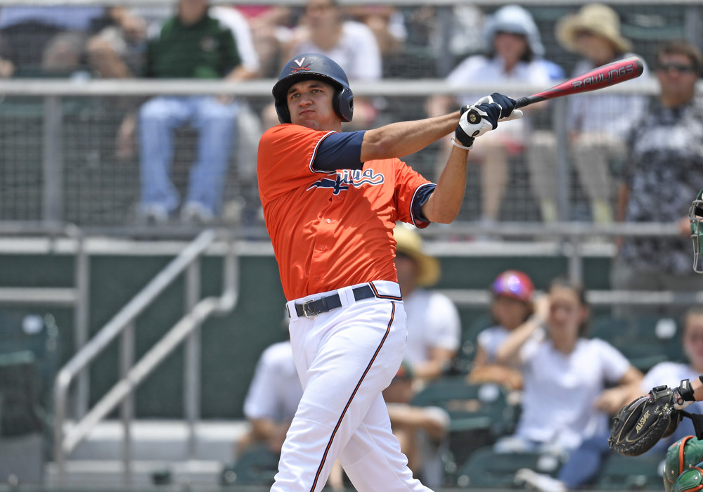 24 April 2016 University of Virginia infielder Daniel Pinero at bat against the University of Miami at Alex Rodriguez Park at Mark Light Field Coral Gables Florida in Virginia's 7-3 victory