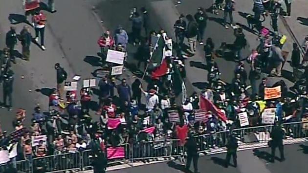 A growing group of protesters have gathered outside of a California event venue where Donald Trump is expected to speak this afternoon