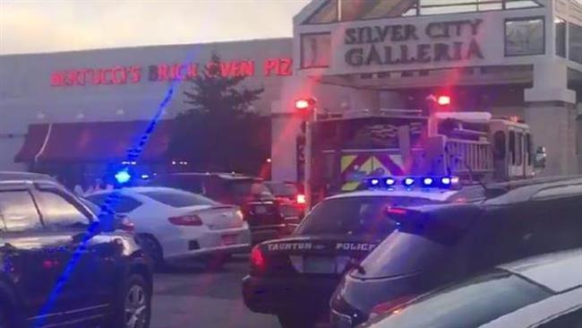 Police cars surround the Silver City Galleria in Taunton Massachusetts after a man reportedly went on a stabbing rampage