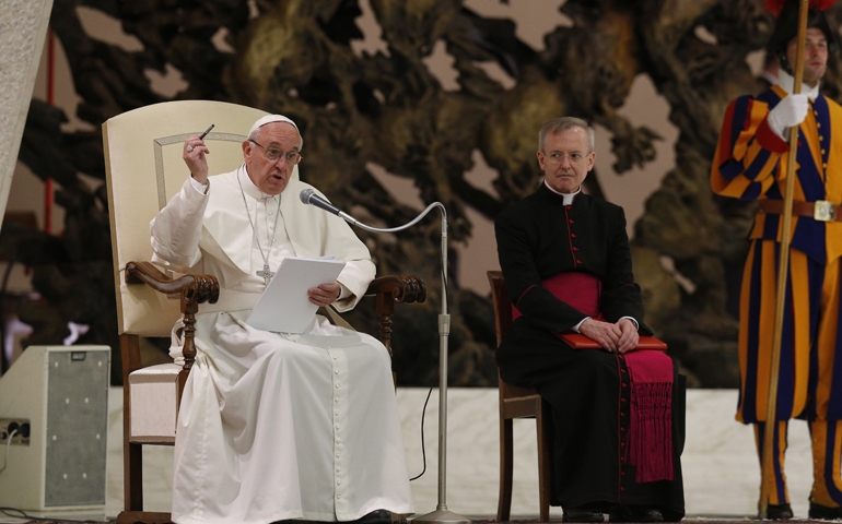 Pope Francis speaks during an audience with the heads of women's religious orders in Paul VI hall at the Vatican May 12