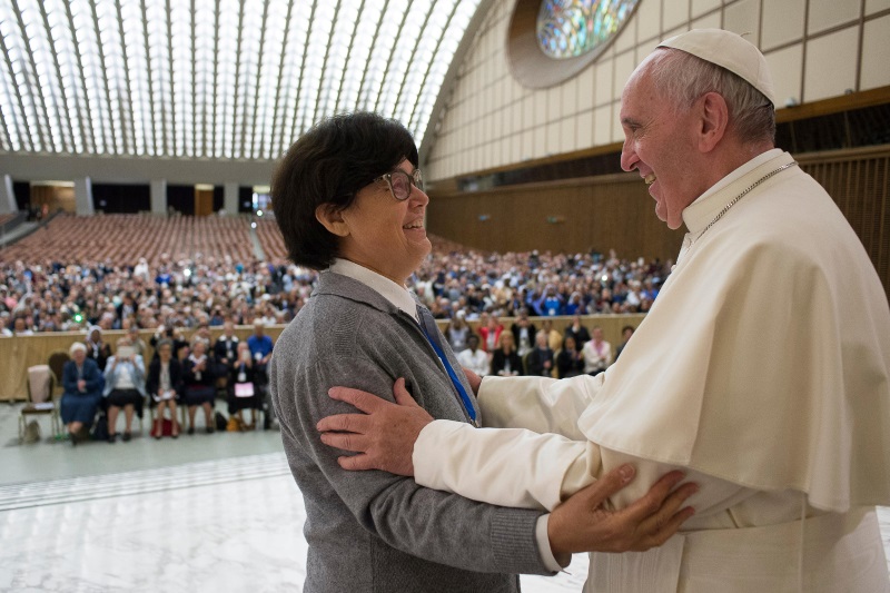 Pope Francis is greeted by Sister Carmen Sammut a Missionary Sister of Our Lady of Africa during an audience at the Vatican this week