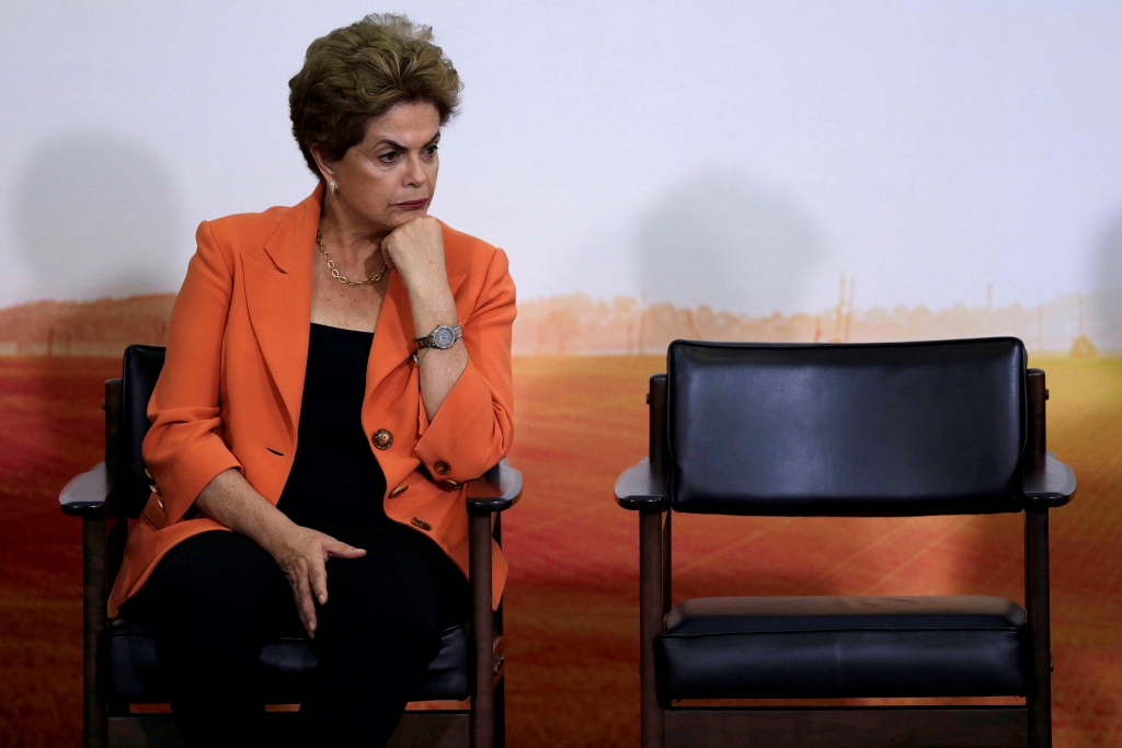 Brazil's President Dilma Rousseff reacts during a launch ceremony of Agricultural and Livestock Plan for 2016/2017 at the Planalto Palace in Brasilia Brazil