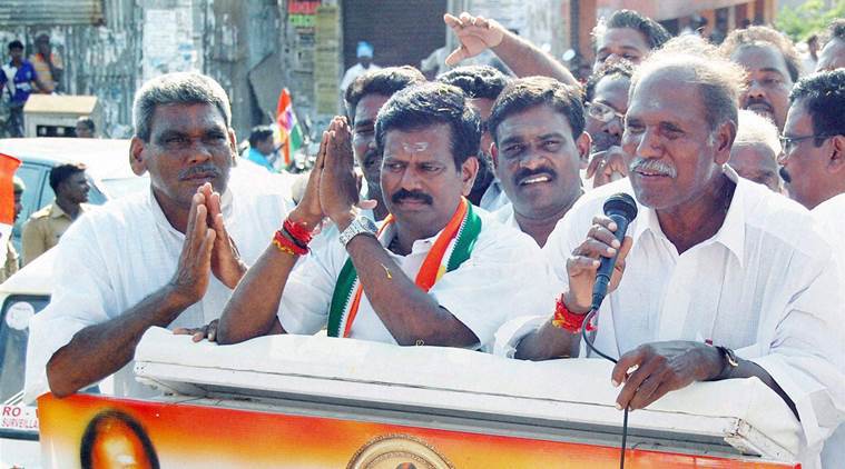 N. Rangasamy of the AINRC during an election campaign in the Bahoor reserved constituency in Puducherry