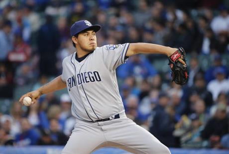 San Diego Padres starting pitcher Cesar Vargas delivers during the first inning of a baseball game against the Chicago Cubs on Tuesday