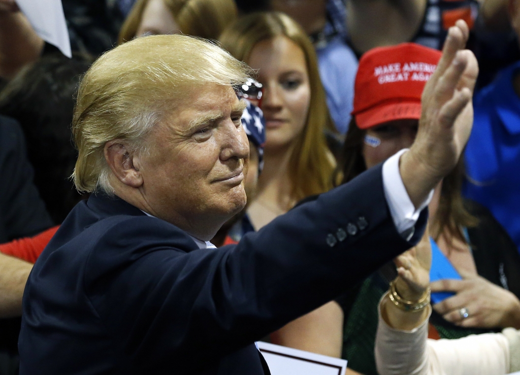 Republican presidential candidate Donald Trump speaks during a campaign rally at the Indiana Theater Sunday in Terre Haute Ind