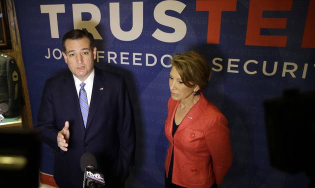 Sen. Ted Cruz R-Texas accompanied by vice-presidential candidate Carly Fiorina speaks during a campaign stop in Indianapolis. When Fiorina speaks to the California Republican