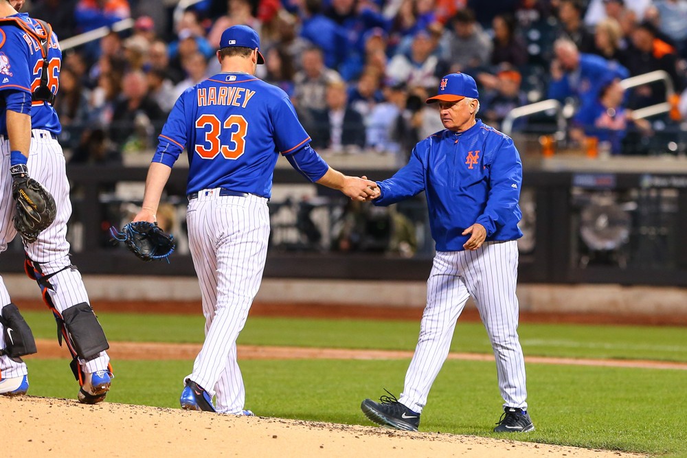 19 MAY 2016 New York Mets starting pitcher Matt Harvey hands the ball to New York Mets manager Terry Collins as he leaves the mound in the third inning of the game between the New York Mets and the Washington Nationals played at Citi Field in F