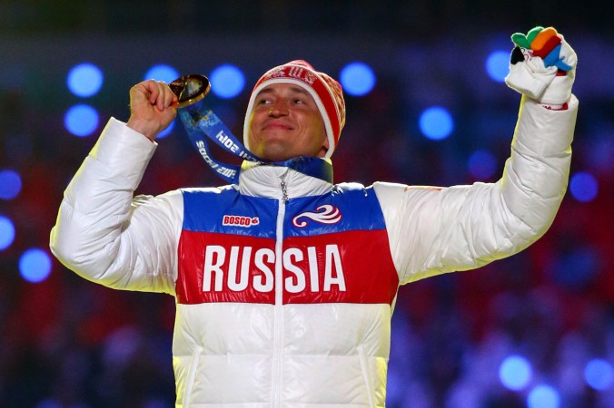 Gold medalist Alexander Legkov of Russia celebrates in the medal ceremony for the Men's 50 km Mass Start Free during the 2014 Sochi Winter Olympics Closing Ceremony on Feb. 23 2014 in Russia