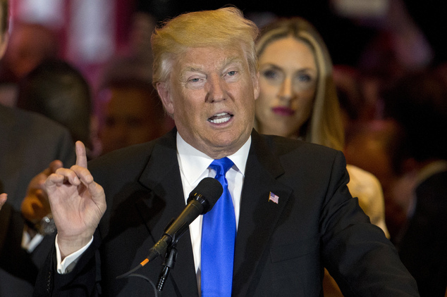 Republican presidential candidate Donald Trump speaks during a primary night news conference Tuesday