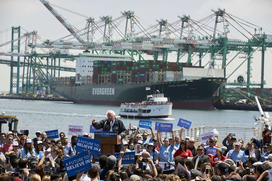 Democratic candidate Sen. Bernie Sanders speaks at a campaign rally Friday at the Port of Los Angeles. Party officials say appointments to convention committees did not violate party rules