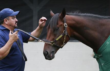 Handler Fernel Serrano fixes the hair of Nyquist in Louisville Ky. Sunday