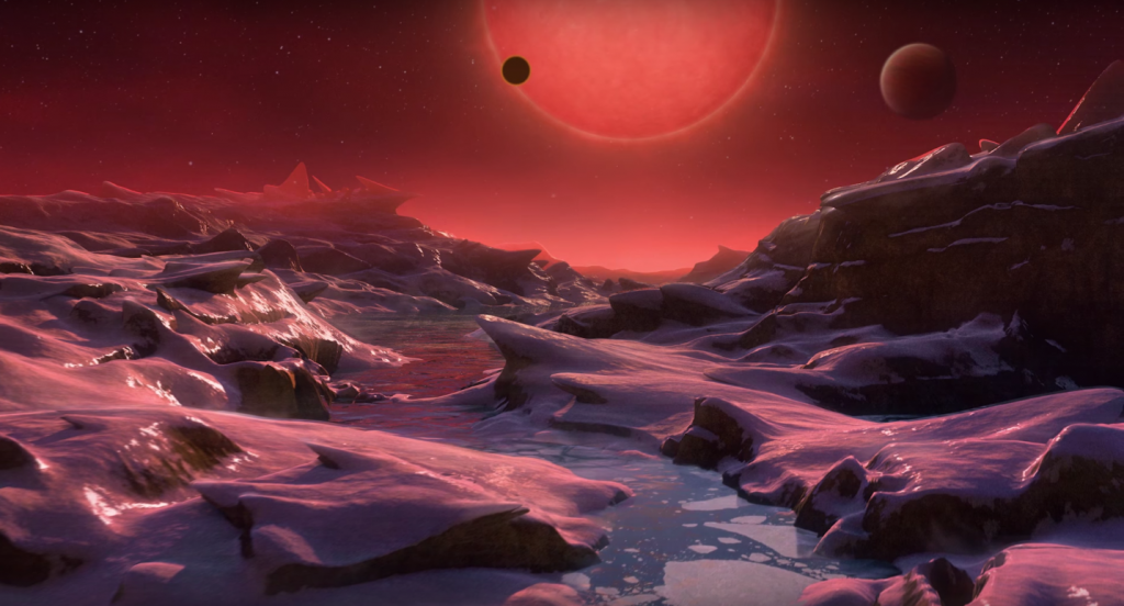 Artist's rendering of the view of TRAPPIST-1 from one of the potentially habitable planets