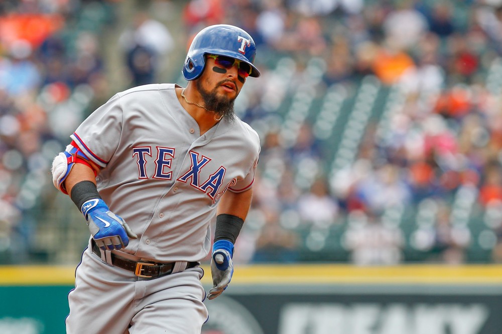 Texas Rangers second baseman Rougned Odor runs around the bases after hitting a solo home run during the first inning of a regular season game between the Texas Rangers and the Detroit Tigers played at Comerica Park in Detroit MI. (Phot