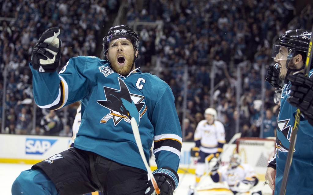 Sharks center Joe Pavelski celebrates after putting San Jose ahead in the third period