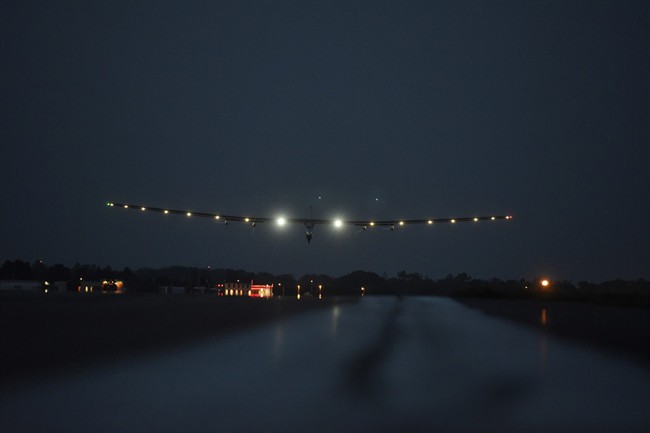 The Solar Impulse 2 lands at Lehigh Valley International Airport in Allentown Pa. with Bertrand Piccard at the controls on Wednesday