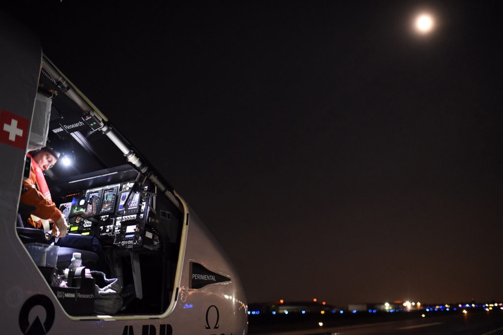 Solar Impulse 2 is seen with Bertrand Piccard at the control before it took off from Dayton Ohio to Lehigh Valley