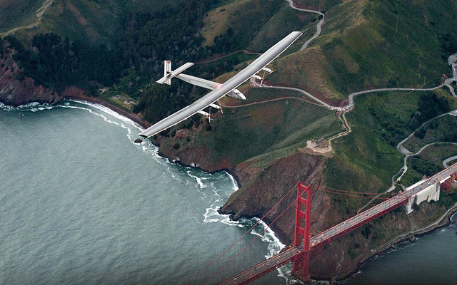 ASSOCIATED PRESS           Solar Impulse 2 flew over the Golden Gate Bridge on April 23 in San Francisco at the end of its journey from Hawaii part of its attempt to circumnavigate the globe