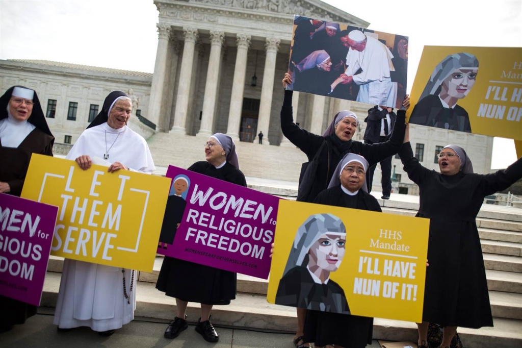 Nuns protest against the Affordable Care Act's birth control mandate outside the Supreme Court ahead of oral arguments in Zubik v. Burwell in Washington DC