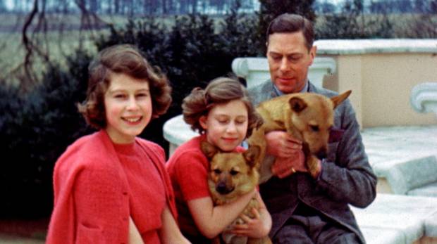 A still image taken from archive footage showing Princess Elizabeth, Princess Margaret and their father King George VI. Inset left Enjoying the gala with Duke of Edinburgh and Duchess of Cambridge