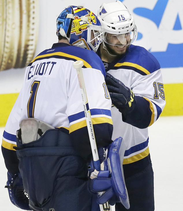 St. Louis Blues goalie Brian Elliott and center Robby Fabbri congratulate each other after Game 5 of the NHL hockey Stanley Cup Western Conference