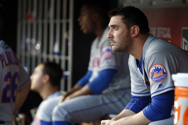 New York Mets starting pitcher Matt Harvey sits on the bench during a baseball game against the Washington Nationals at Nationals Park Tuesday