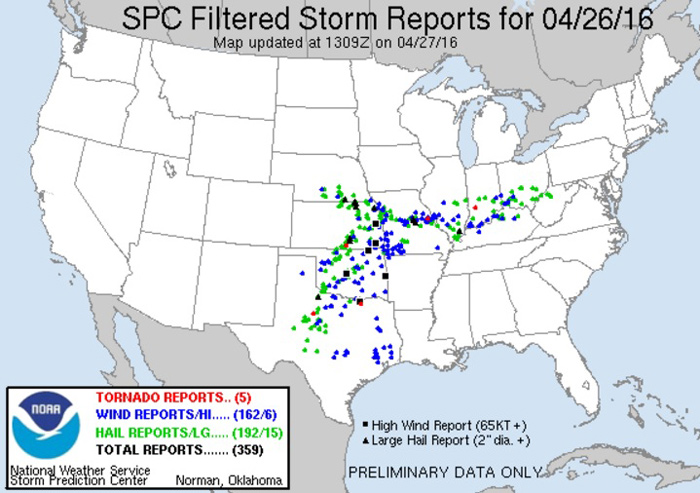 Storm Prediction Center storm reports from 8 a.m. Tuesday to 8 a.m. Wednesday