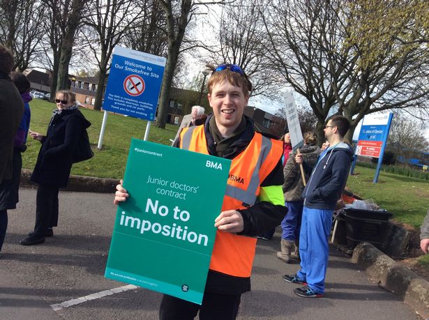 Striking junior doctor and BMA representative Dr James Warwick on the picket-line outside the Countess of Chester Hospital