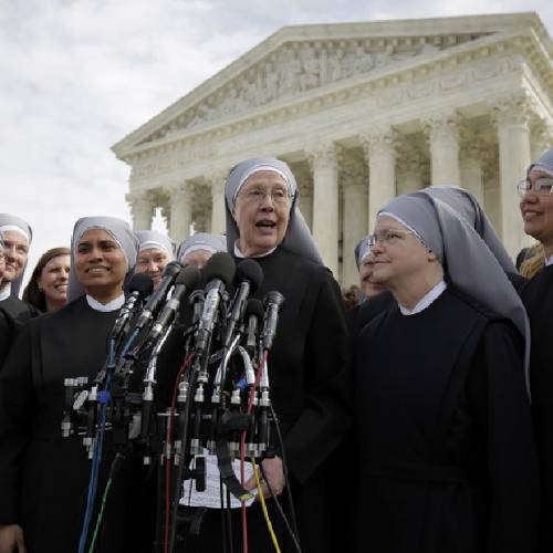 Mc Guire with Little Sisters of the Poor speaks to the media after Zubik v. Burwell an appeal brought by Christian groups demanding full exemption from the requirement to provide insurance covering contraception under the Affordable