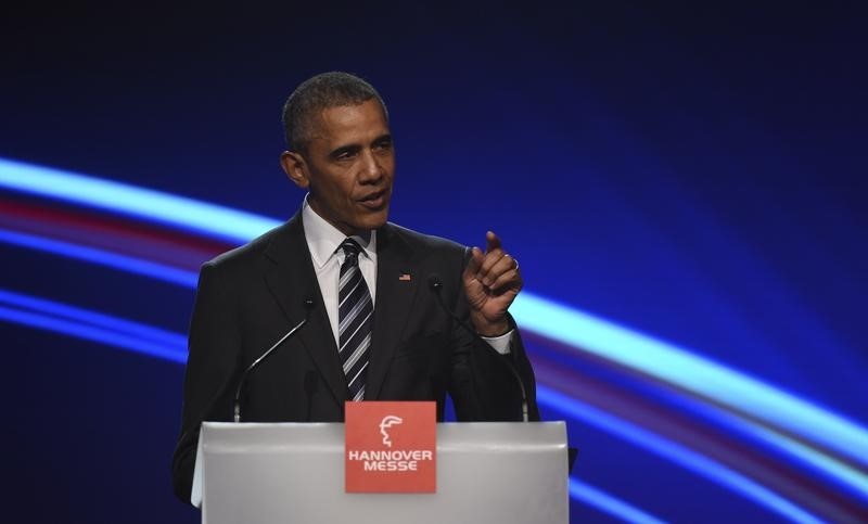 U.S. President Barack Obama gestures as he makes a speach during the opening ceremony of the Hannover Messe in Hanover Germany