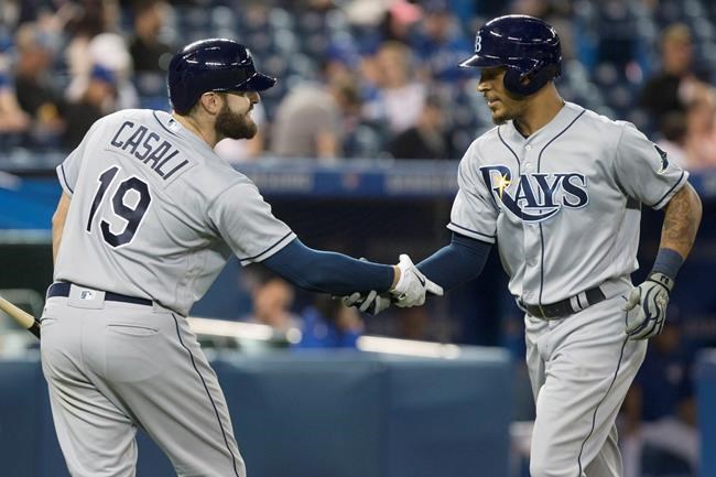 Tampa Bay Rays&#039 left fielder Desmond Jennings right celebrates with Curt Casali after hitting a solo homer off Toronto Blue Jays&#039 closing pitcher Jesse Chavez during ninth inning Major League Baseball action in Toronto Monday