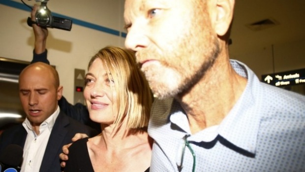 Tara Brown and Stephen Rice arrive at Sydney International Airport after the Beirut saga