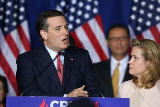 Republican presidential candidate Sen. Ted Cruz speaks watched by his wife Heidi during an election night watch party at the Crowne Plaza Downtown Union Station in Indianapolis Indiana