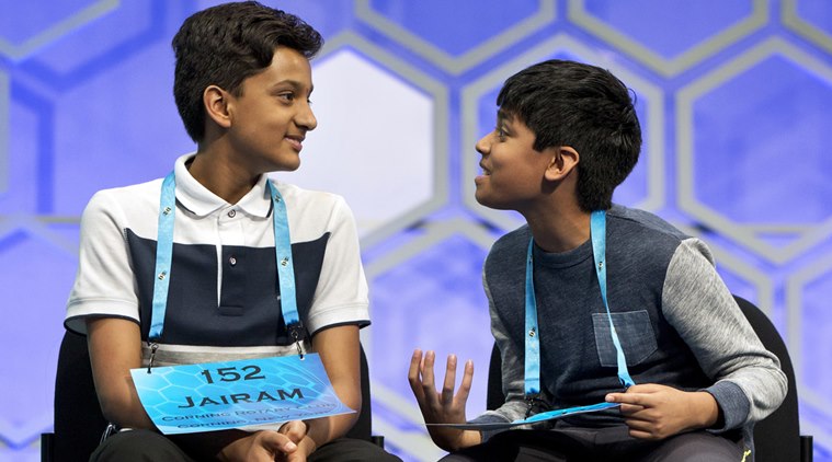 Nihar Janga 11 of Austin Texas right talks with Jairam Hathwar 13 of Painted Post N.Y. left after another round where the two went head to head in a drawn out battle that ended in them being named co-champions in the 2016 National Spelling Bee